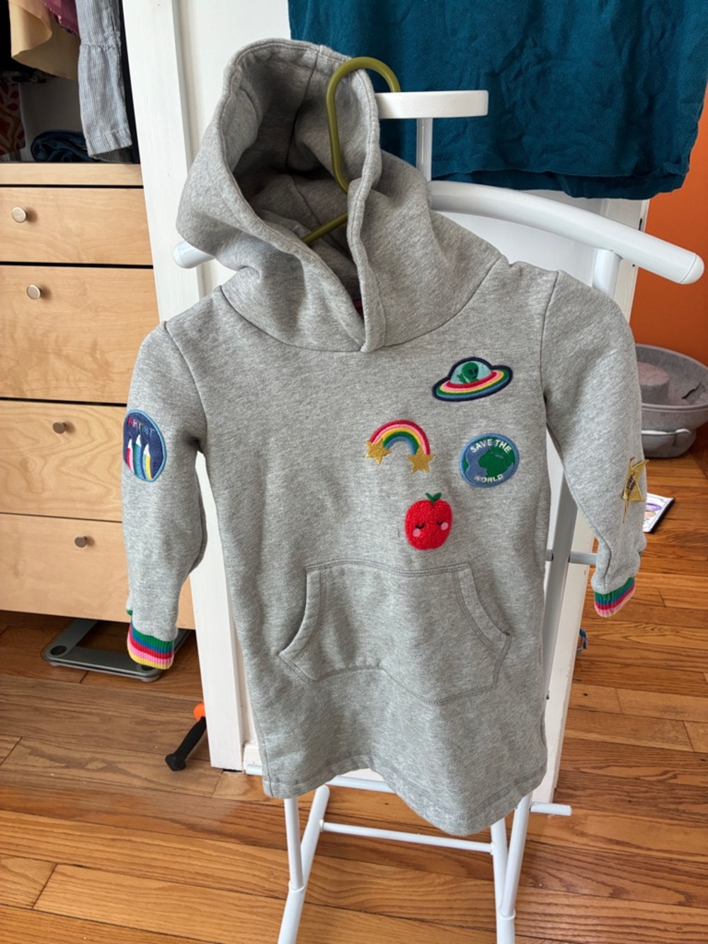 Boden Gray Hoodie Dress with Colorful Embroidered Patches